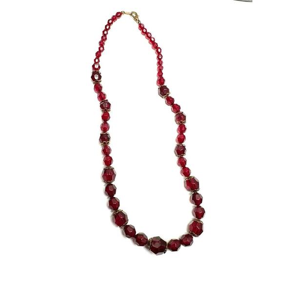 Vintage Red Beaded Necklace Wine Beads Scarlet Red Beads - Picture 1 of 10